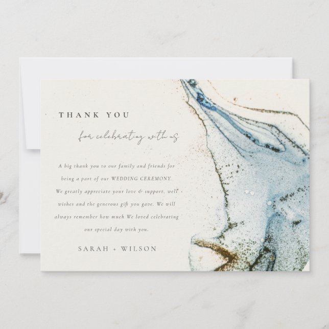 Abstract Watercolor Blue Gold Beachy Wedding Thank You Card (Front)