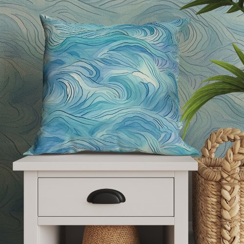 Abstract Watercolor Blue Ocean Waves  Throw Pillow