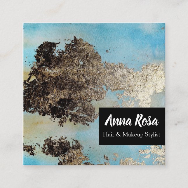 *Abstract Watercolor Blue Silver Black Exciting Square Business Card (Front)