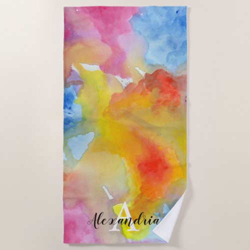 Abstract Watercolor Bright Vibrant Colors Monogram Beach Towel