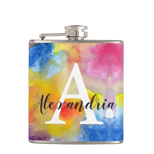 Abstract Watercolor Bright Vibrant Colors Monogram Flask