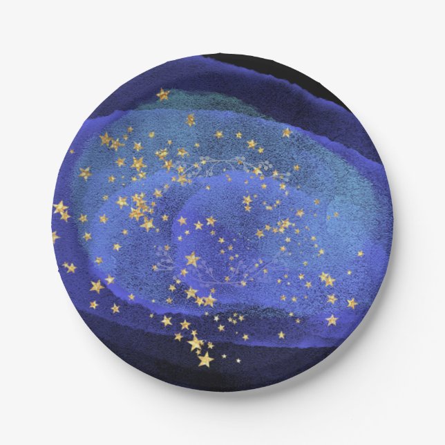 Abstract Watercolor Cobalt Blue Navy  Party Stars Paper Plates (Front)