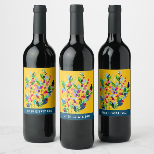 Abstract watercolor colorful floral wine label (Bottles)