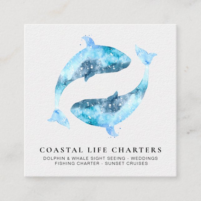 *~*  Abstract Watercolor Dolphins Playing Coastal Square Business Card (Front)