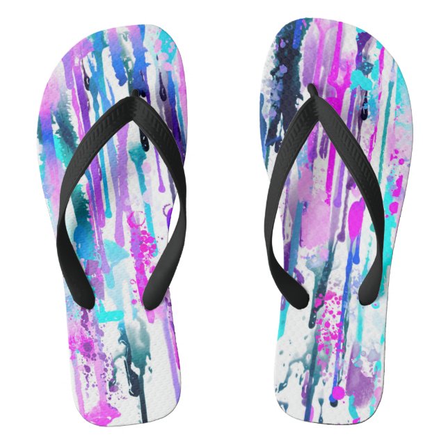 Abstract Watercolor Drips Blue Turquoise Pink Flip Flops (Footbed)