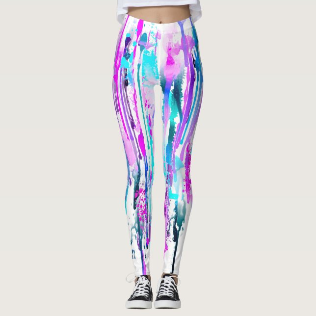 Abstract Watercolor Drips Blue Turquoise Pink Leggings (Front)