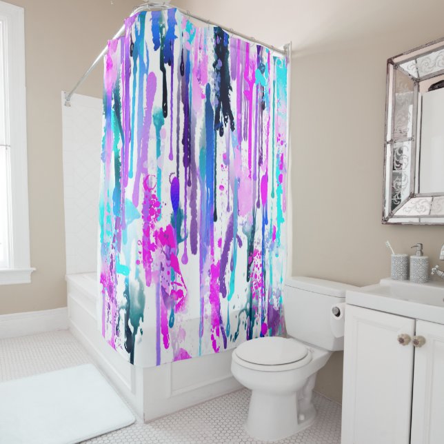 Abstract Watercolor Drips Blue Turquoise Pink Shower Curtain (In Situ)