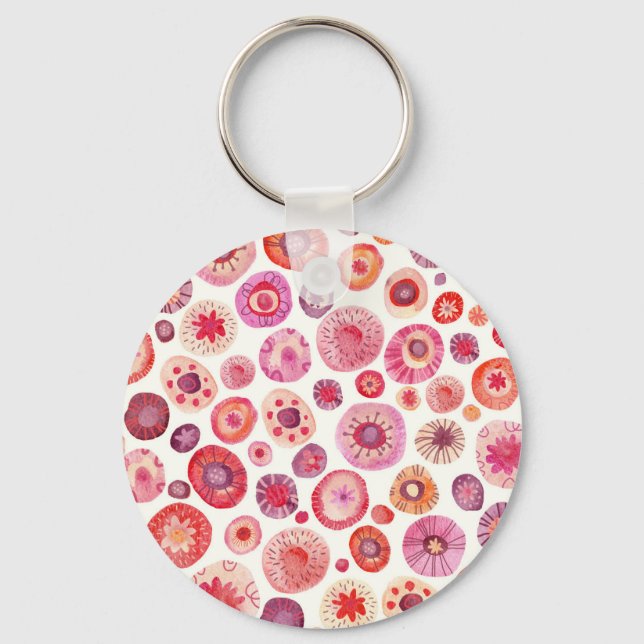 Abstract Watercolor Floral Circle Pink Keychain (Front)