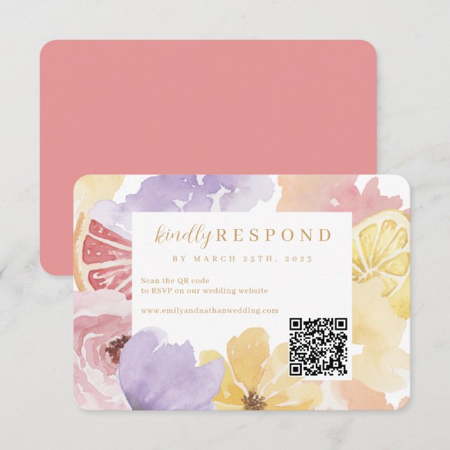 Abstract Watercolor Floral Cocktail Citrus QR Code RSVP Card (Front/Back)