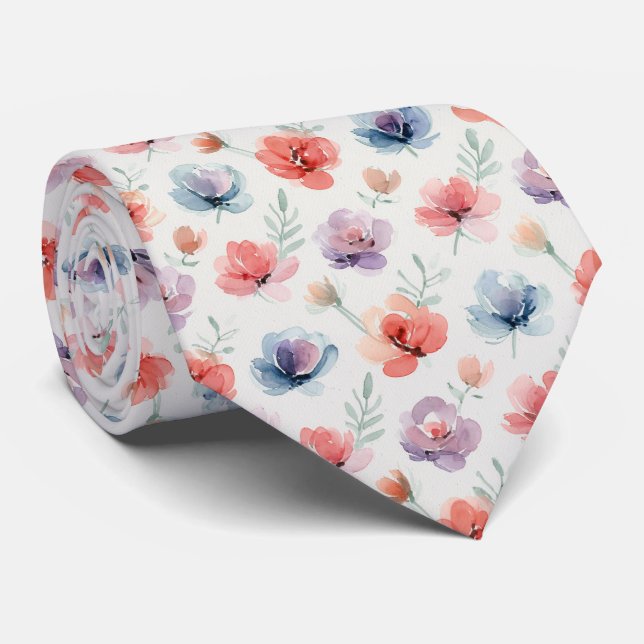 Abstract Watercolor Floral Pattern Neck Tie (Rolled)