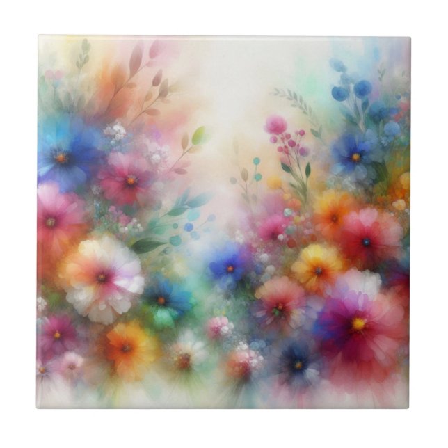 Abstract Watercolor Florals Print Ceramic Tile (Front)