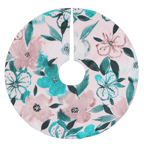 Abstract watercolor florals repeating pattern brushed polyester tree skirt