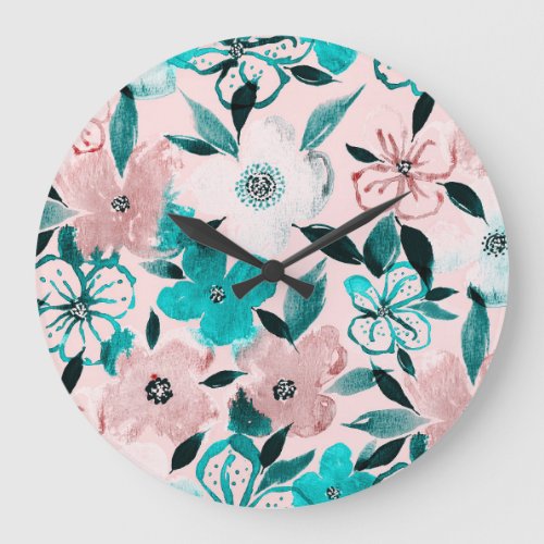 Abstract watercolor florals repeating pattern large clock