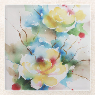 Abstract watercolor flowers glass coaster