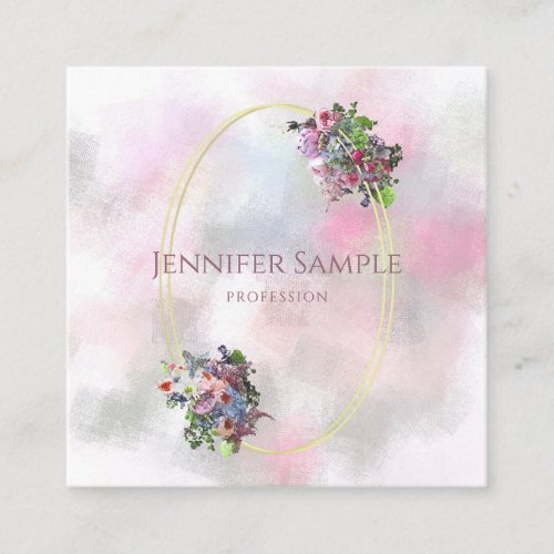 Abstract Watercolor Flowers Gold Frame Chic Modern Square Business Card