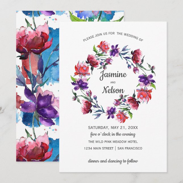 Abstract watercolor  Flowers wreath Wedding Invitation (Front/Back)
