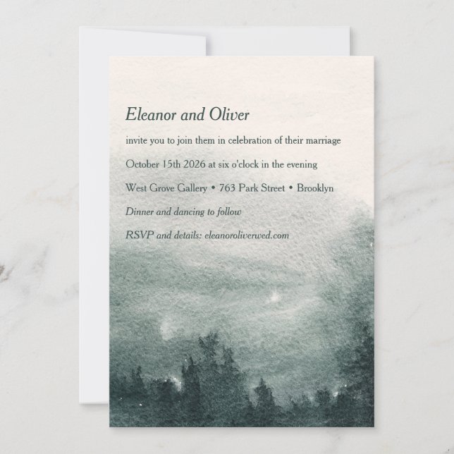 Abstract Watercolor Forest Green Landscape Wedding Invitation (Front)