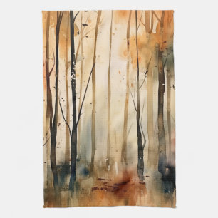 Abstract Watercolor Forest in Amber Blue Landscape Kitchen Towel