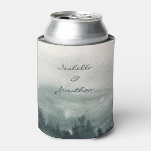 Abstract Watercolor Forest Landscape Wedding  Can Cooler