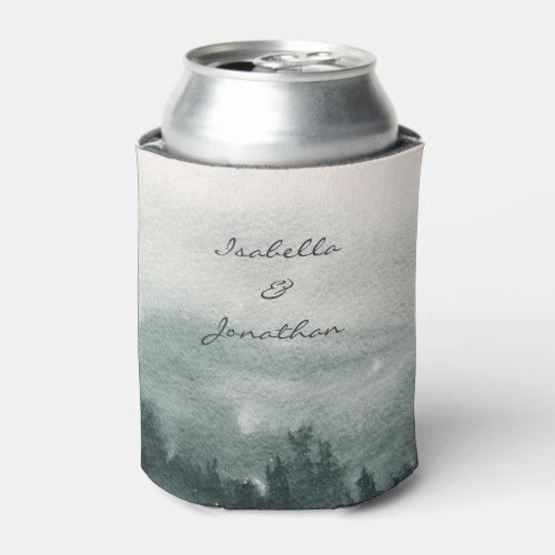 Abstract Watercolor Forest Landscape Wedding  Can Cooler