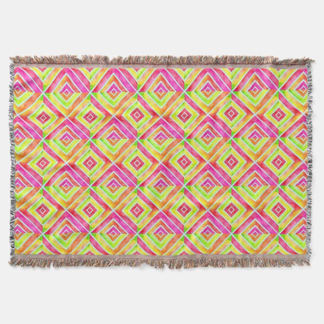 Abstract watercolor geometric pink green pattern throw blanket (Front)