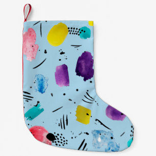 Abstract watercolor geometric shapes with ink stai small christmas stocking