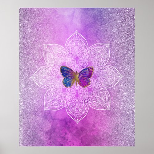  Abstract Watercolor Glitter Mandala Butterfly Poster