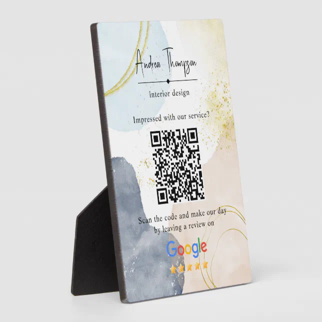 Abstract Watercolor Gold Foil Review Link QR Code Plaque Zazzle