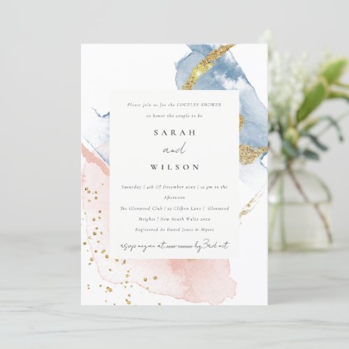 Abstract Watercolor Gold Pink Blue Couples Shower Invitation