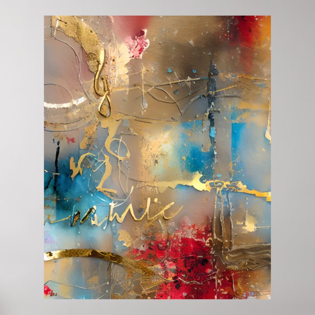 Abstract Watercolor gold red blue   Poster (Front)