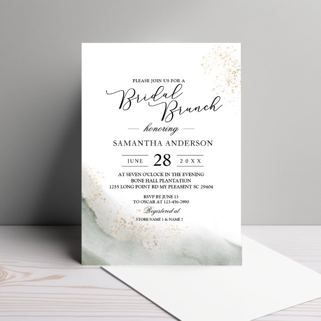 Abstract Watercolor Green Brush Strokes & Gold  Invitation (Creator Uploaded)