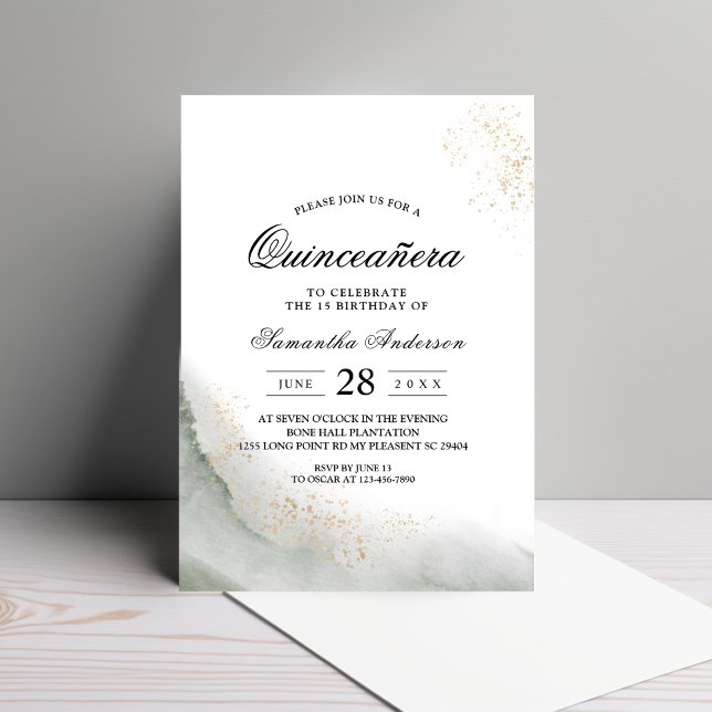 Abstract Watercolor Green Brush Strokes & Gold  Invitation (Creator Uploaded)