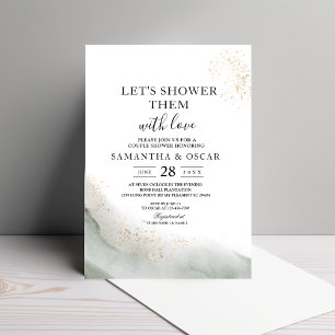 Abstract Watercolor Green Brush Strokes & Gold Invitation