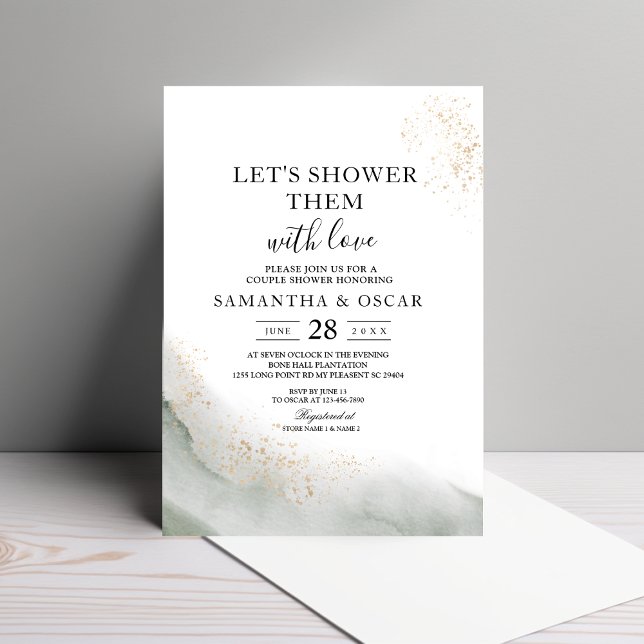 Abstract Watercolor Green Brush Strokes & Gold  Invitation (Creator Uploaded)