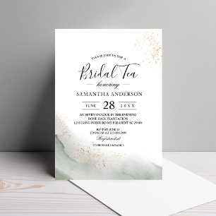 Abstract Watercolor Green Brush Strokes & Gold Invitation