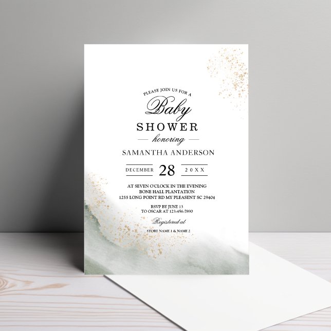 Abstract Watercolor Green Brush Strokes & Gold  Invitation (Creator Uploaded)