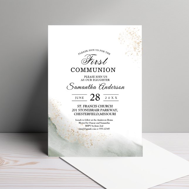 Abstract Watercolor Green Brush Strokes & Gold  Invitation (Creator Uploaded)