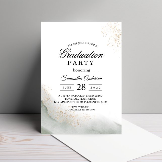 Abstract Watercolor Green Brush Strokes & Gold  Invitation (Creator Uploaded)