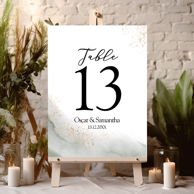 Abstract Watercolor Green Brush Strokes & Gold  Table Number (Creator Uploaded)