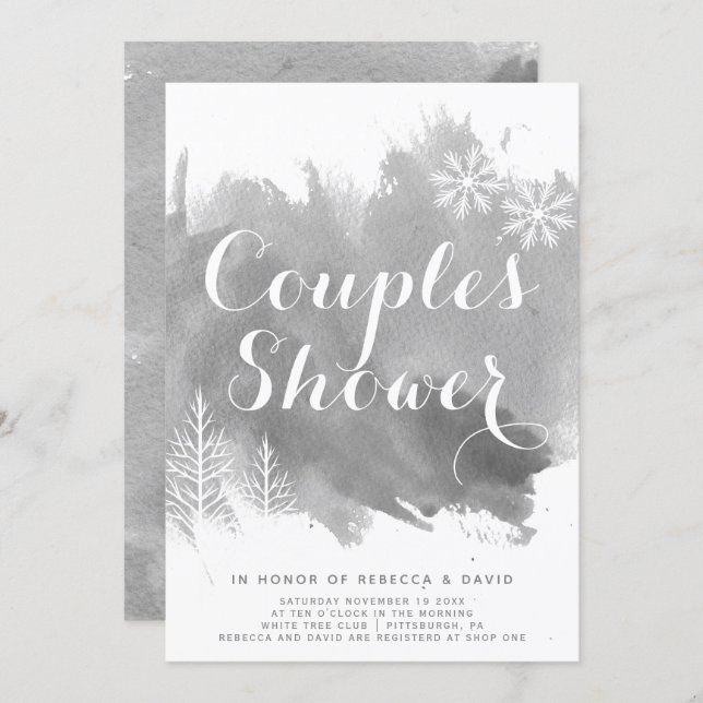 Abstract watercolor grey wedding couples shower invitation (Front/Back)