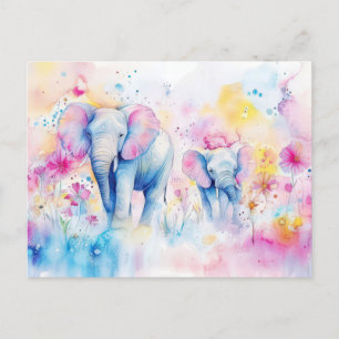 Abstract watercolor illustration of an elephant postcard