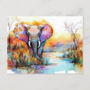 Abstract watercolor illustration of an elephant postcard