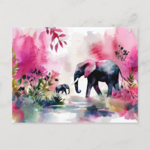 Abstract watercolor illustration of an elephant postcard