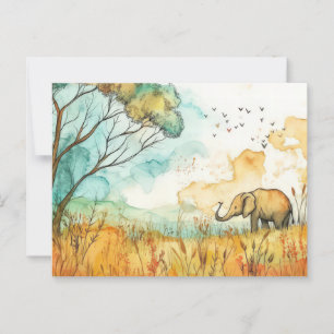 Abstract watercolor illustration of an elephant postcard