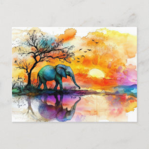 Abstract watercolor illustration of an elephant postcard