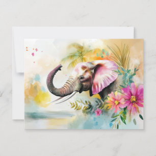 Abstract watercolor illustration of an elephant postcard