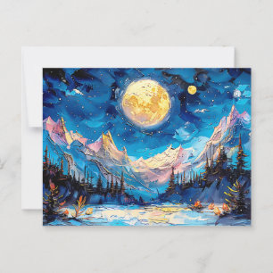 Abstract watercolor illustration of full moon over postcard