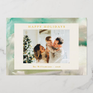 Abstract Watercolor in Green Custom Photo Gold Foil Holiday Card