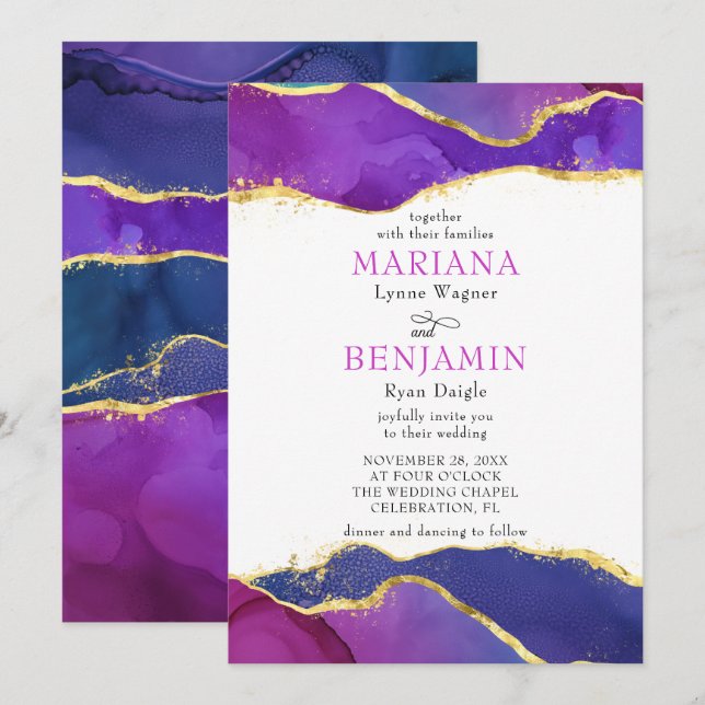 Abstract Watercolor Ink Fuchsia Pink Purple Gold   Invitation (Front/Back)
