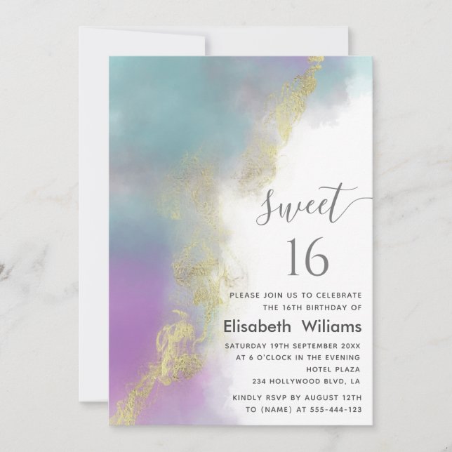 Abstract watercolor ink gold  modern script invitation (Front)